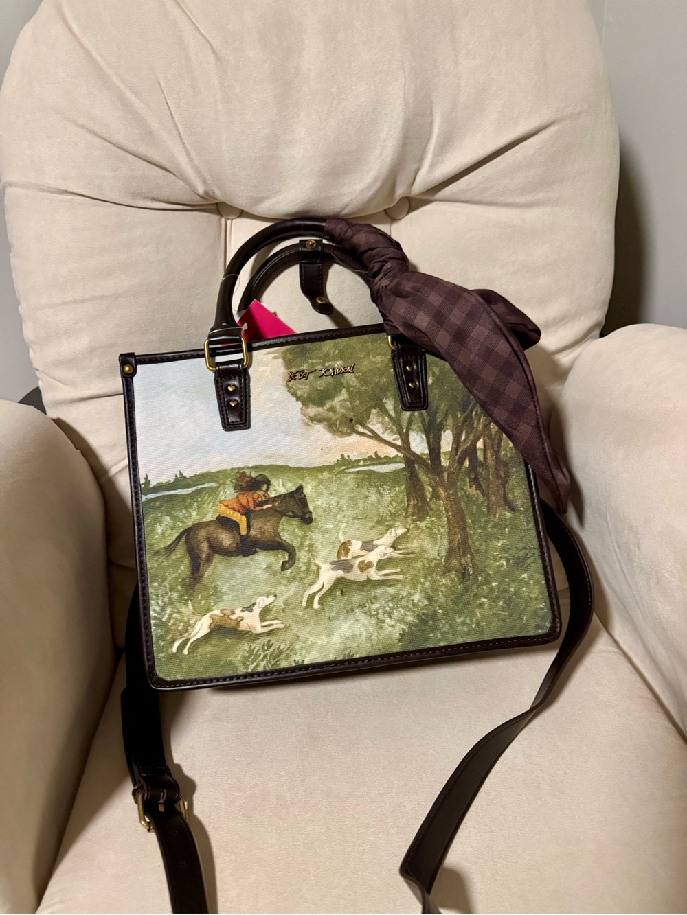 Betsy Johnson Cowgirl Scenic Print Leather Tote Bag with Brown Trim